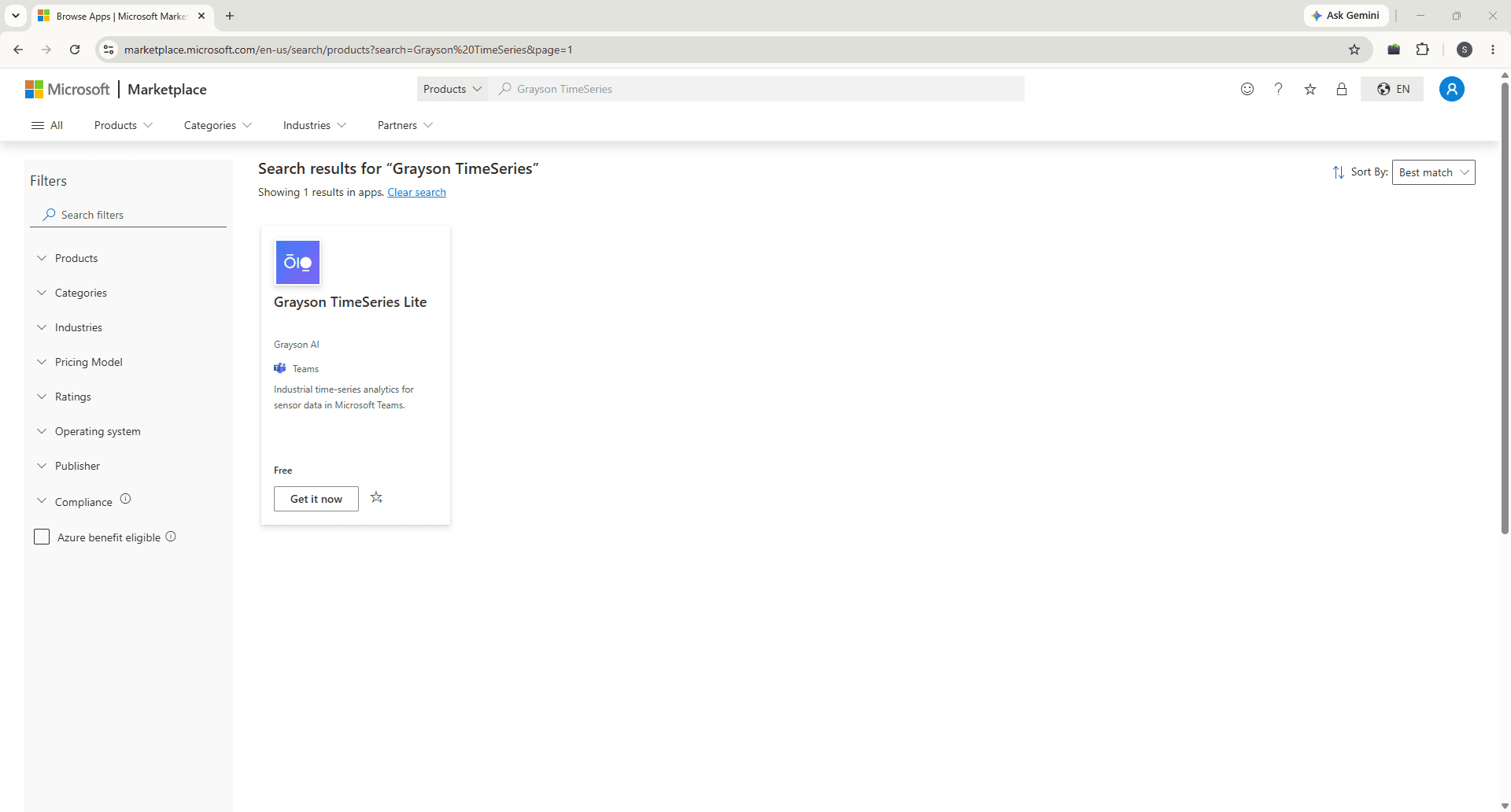 Grayson TimeSeries listing marked Free in Marketplace