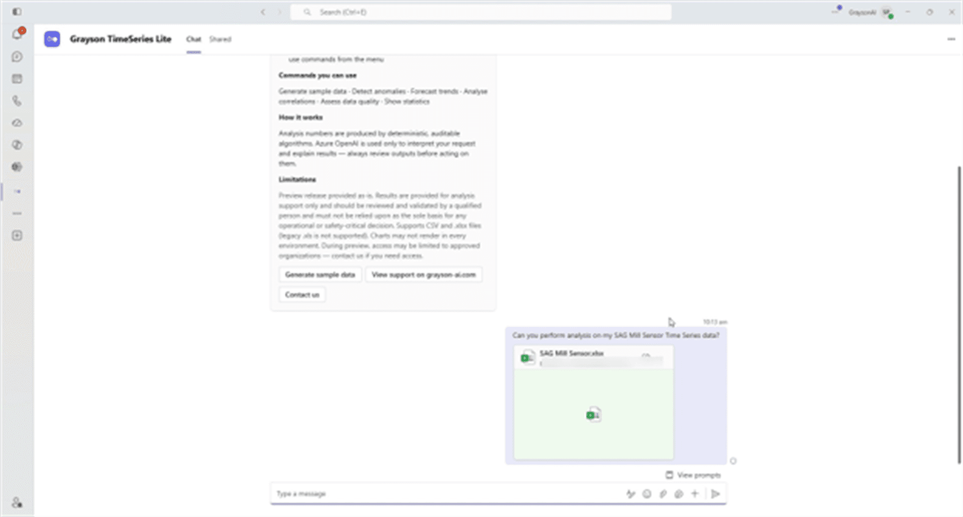 Generate sample data or upload a file in Grayson