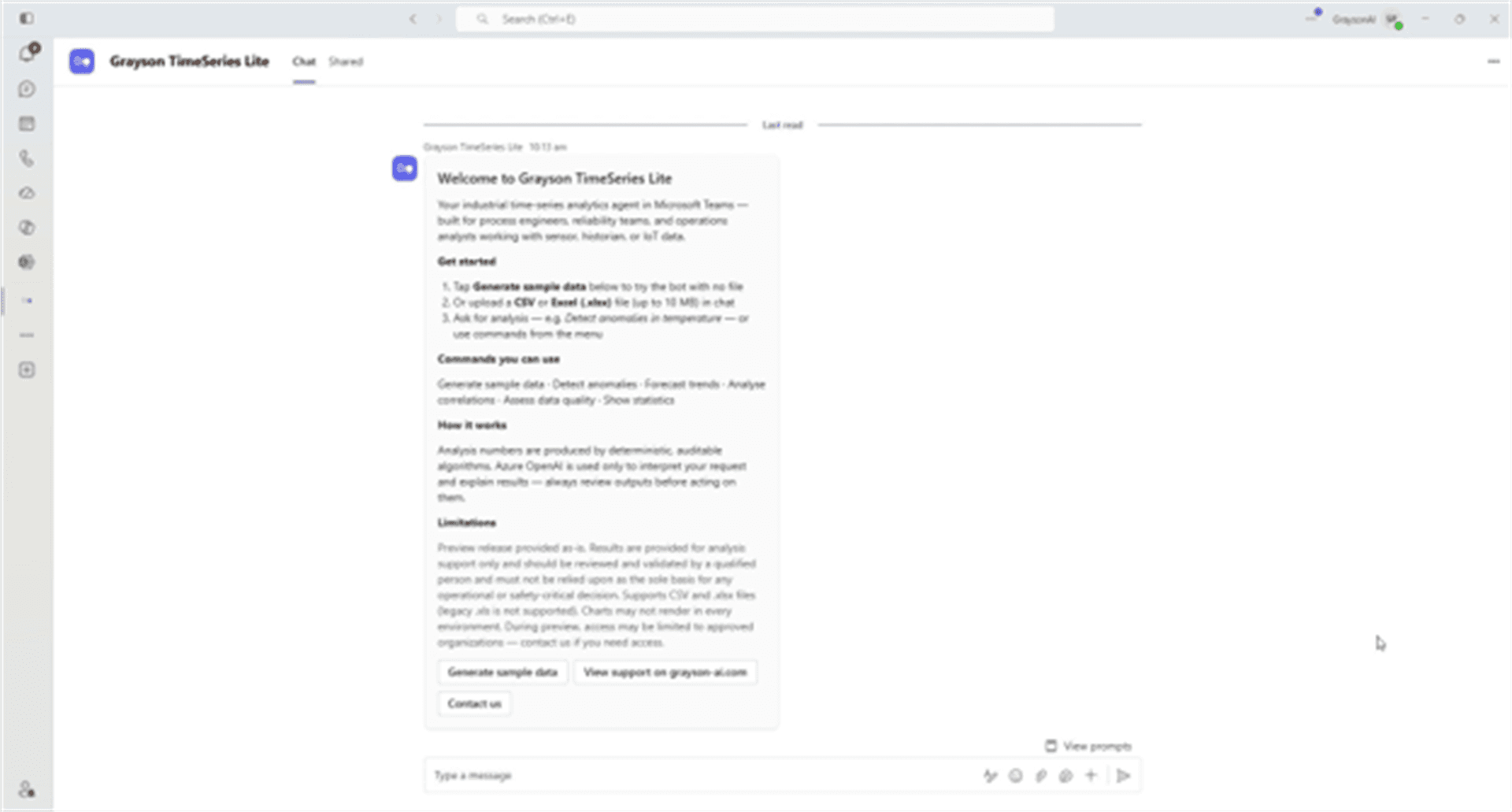 Grayson TimeSeries Lite ready in Teams chat