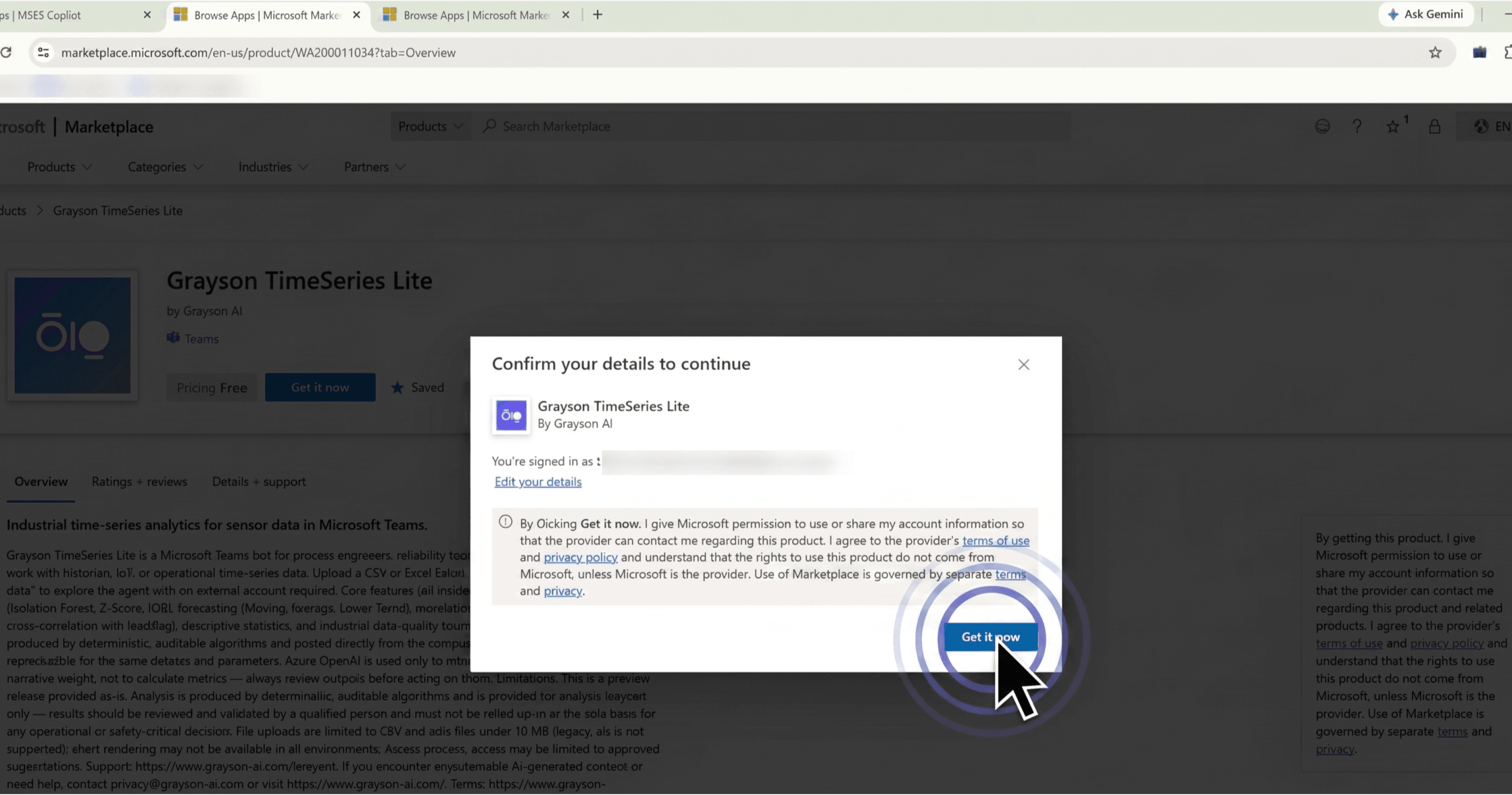 Microsoft Marketplace listing Get it now button