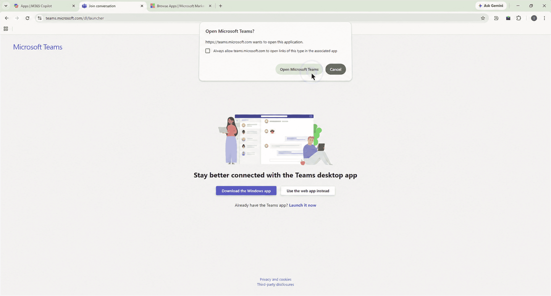 Open Microsoft Teams from the browser prompt
