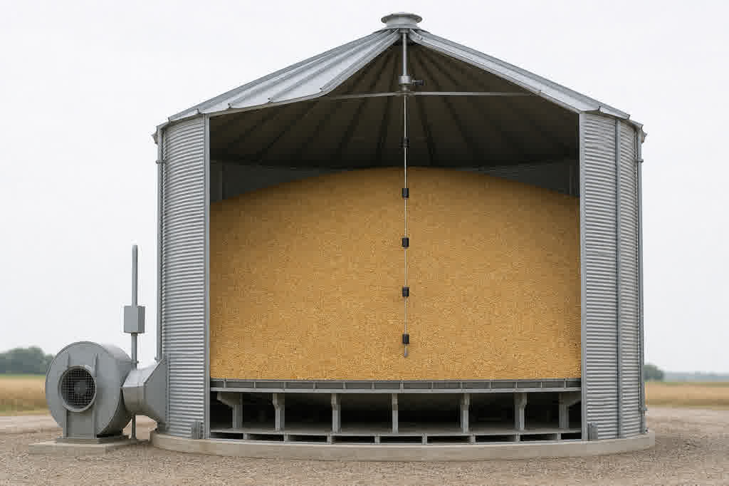 Commercial grain bin with aeration fan, plenum, and temperature cable