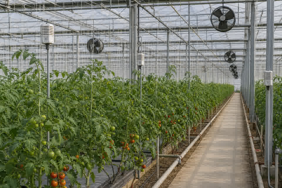 Commercial greenhouse bay with climate sensors, fans, and heating pipes