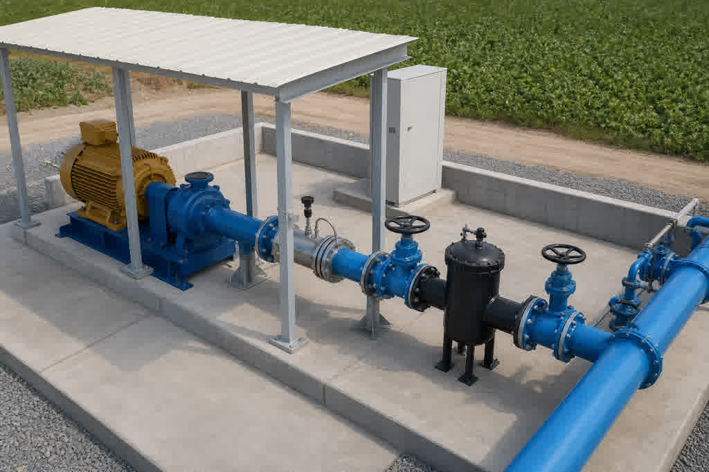 Irrigation pump and submain manifold with pressure and flow instruments
