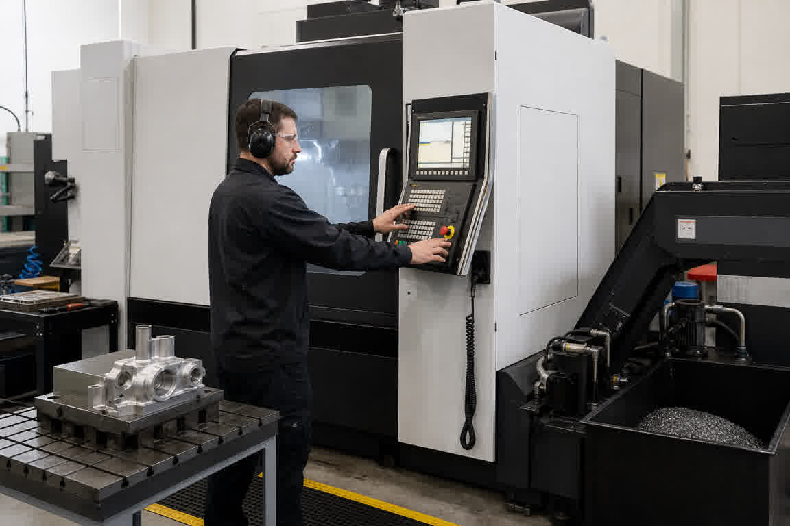 Guarded CNC machining center with chip conveyor and coolant system