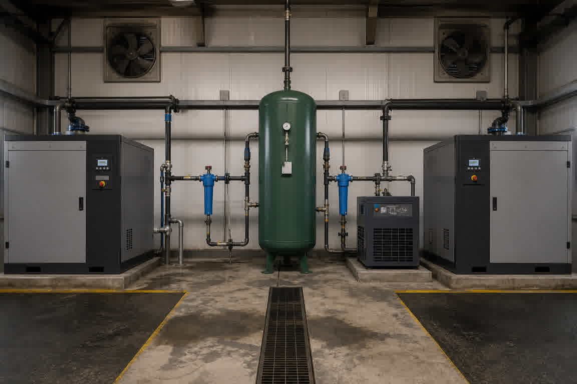 Industrial compressed-air room with rotary-screw compressors and receiver tank