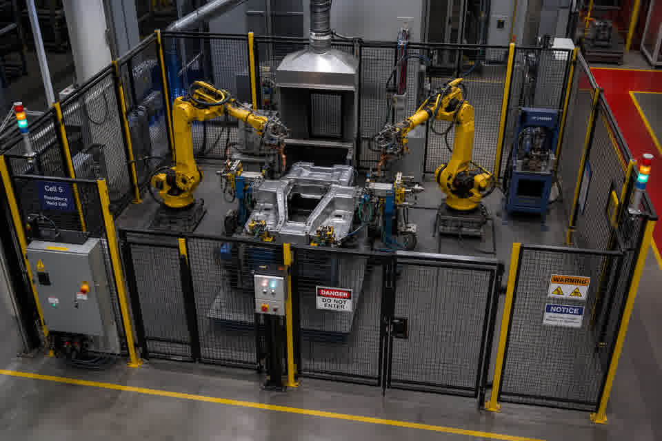 Guarded robotic resistance spot-welding cell with servo weld guns