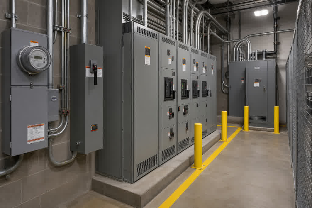 Commercial building electrical room with interval meter and switchgear