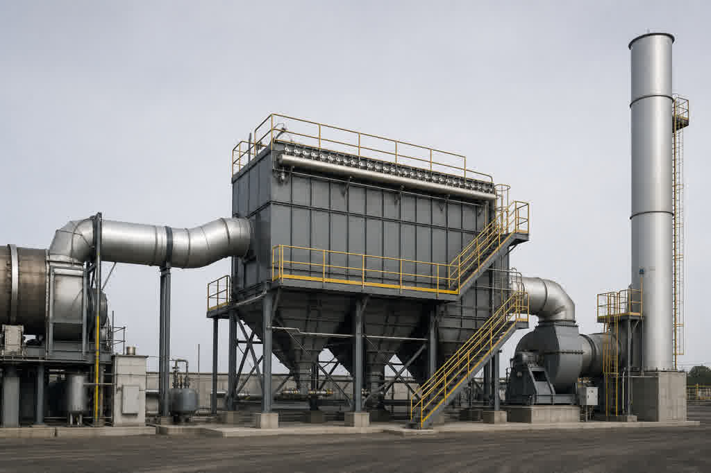 Hot-mix asphalt plant drum-dryer exhaust duct and pulse-jet baghouse
