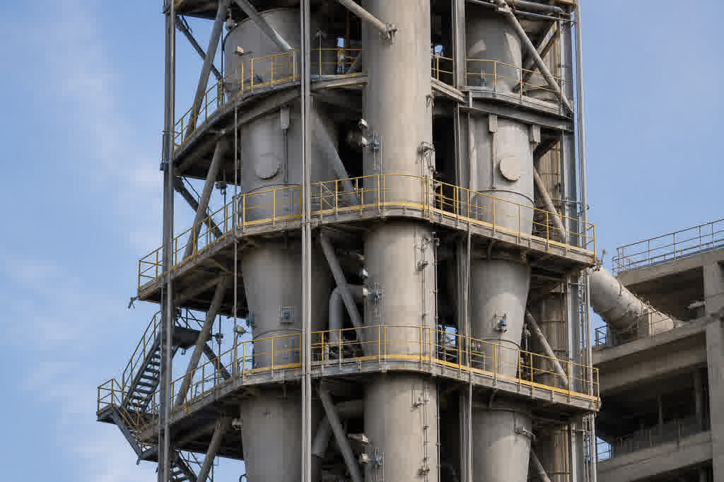 Lower stages of a cement suspension preheater tower with cyclone vessels and meal pipes