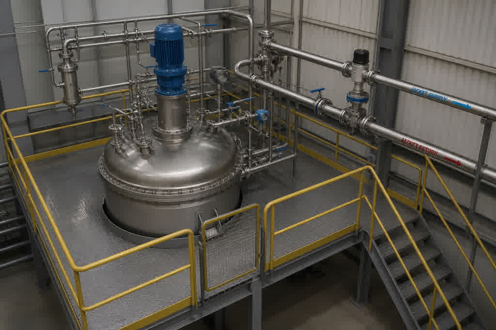 Jacketed chemical batch reactor with feed lines and temperature transmitters