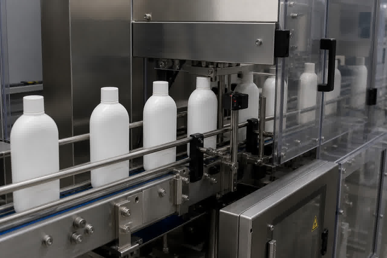 Inline checkweigher downstream of an enclosed personal-care liquid filler