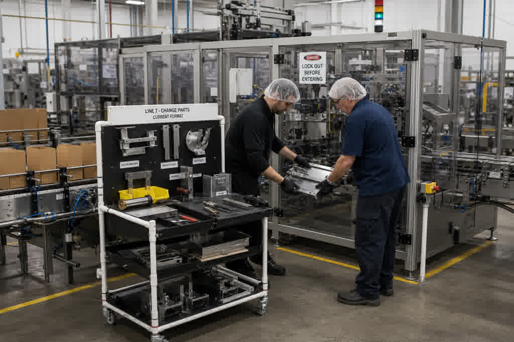 Guarded secondary packaging line with cartoner and staged change parts
