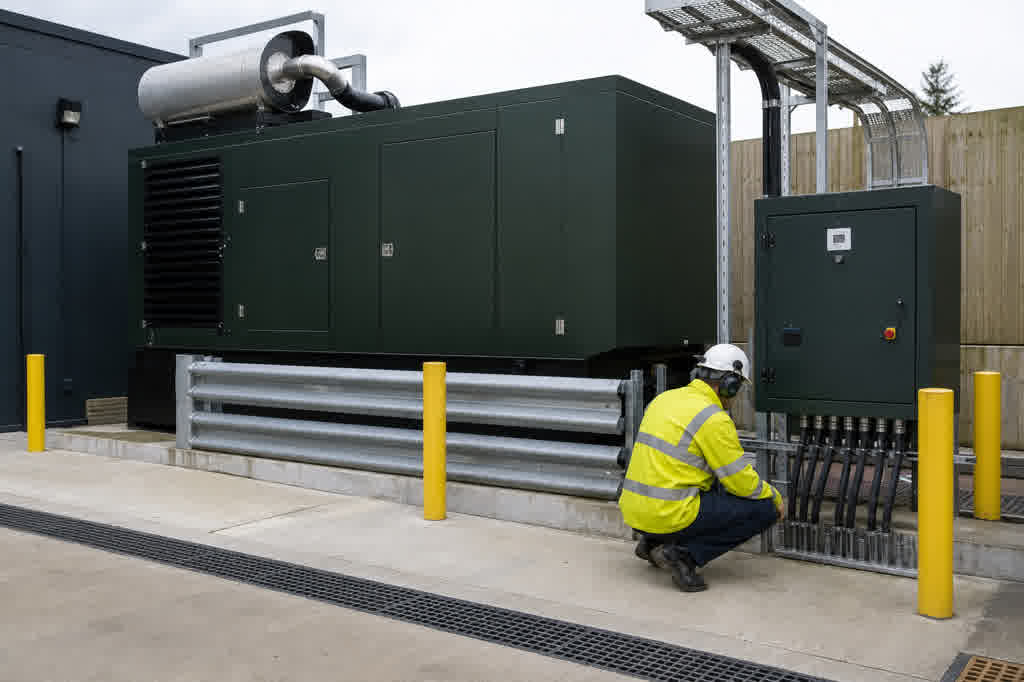 Outdoor standby diesel generator yard with load-bank connection cabinet