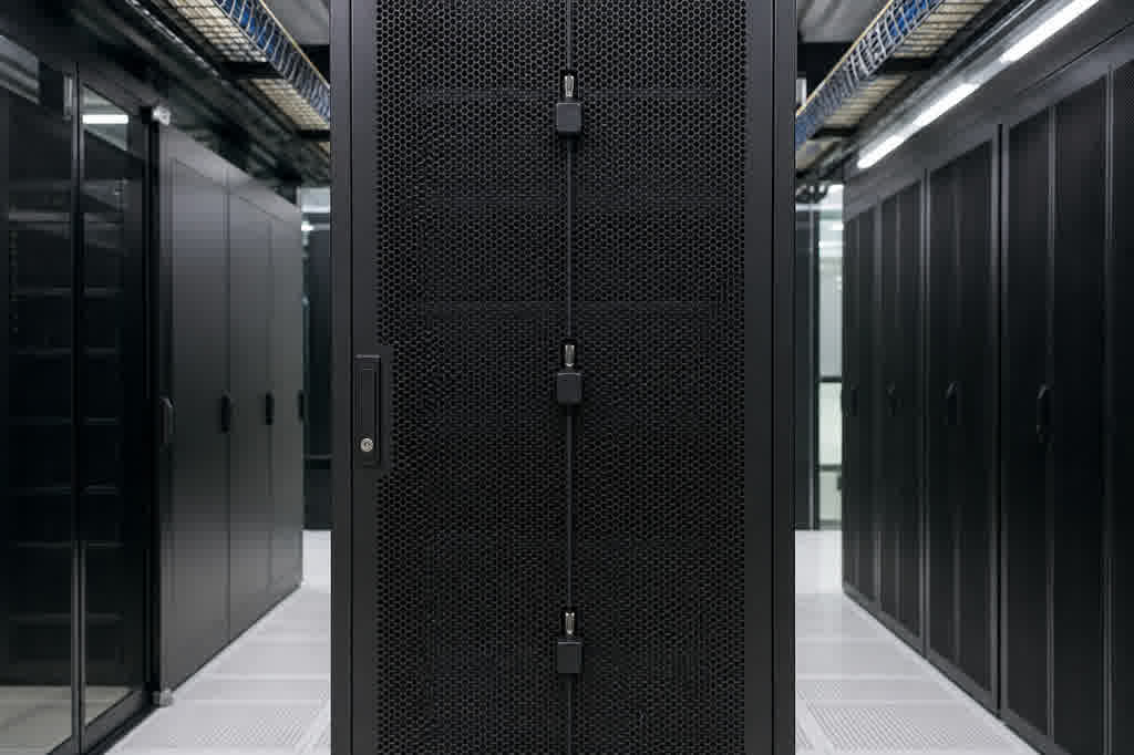 Data-center cold aisle with closed server racks and inlet-temperature probes