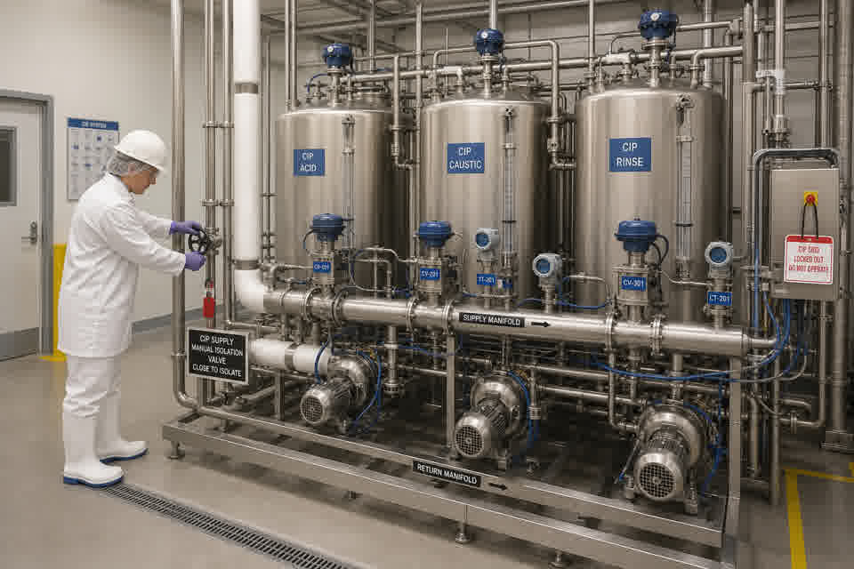 Automated food-plant CIP skid with stainless solution tanks and sanitary manifolds