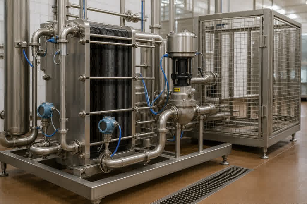 Sanitary multi-section plate heat exchanger skid in a food processing facility