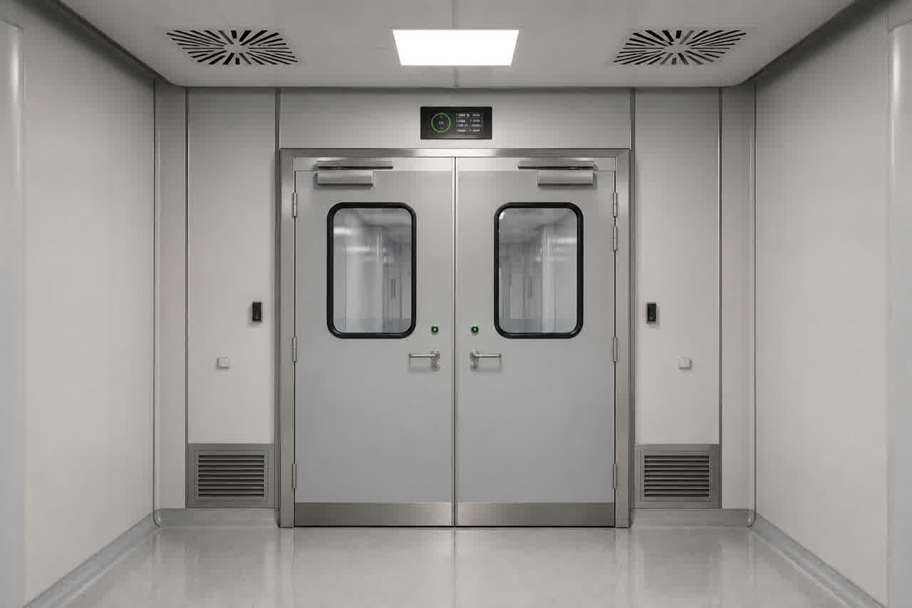 Pharmaceutical cleanroom airlock viewed from a technical corridor