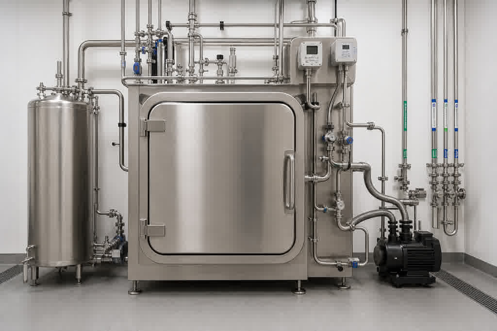 Closed pharmaceutical lyophilizer skid with vacuum and shelf connections