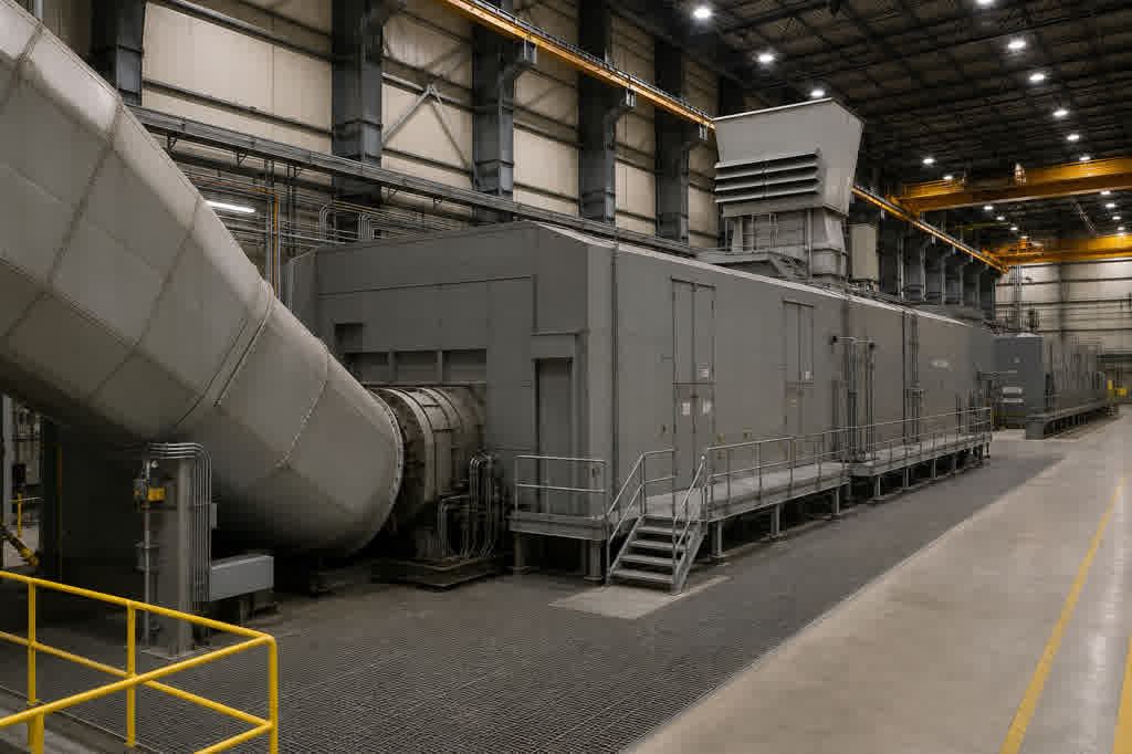 Heavy-duty gas turbine-generator train in a combined-cycle turbine hall