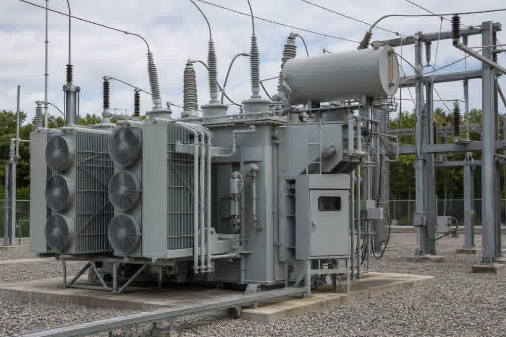 Oil-immersed power transformer with radiator banks in a high-voltage substation