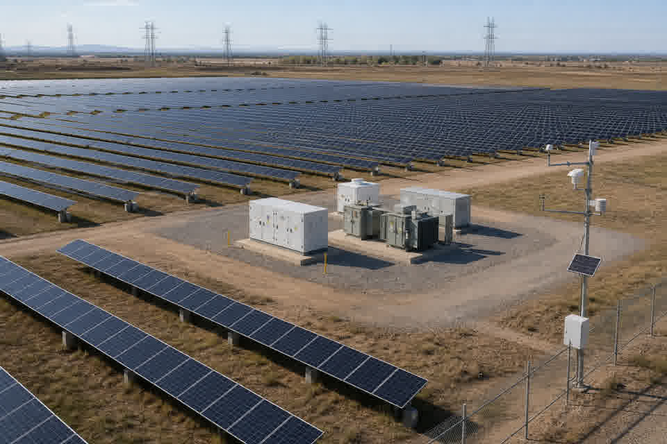 Utility-scale single-axis tracking solar PV facility with inverter skid