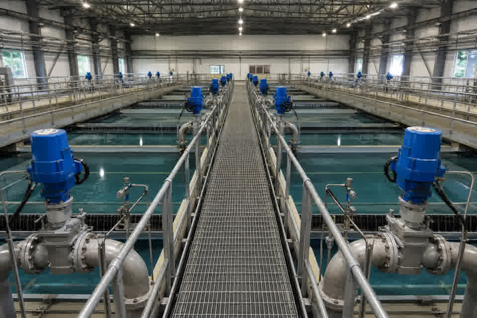 Municipal drinking-water filter gallery with parallel granular media filter bays