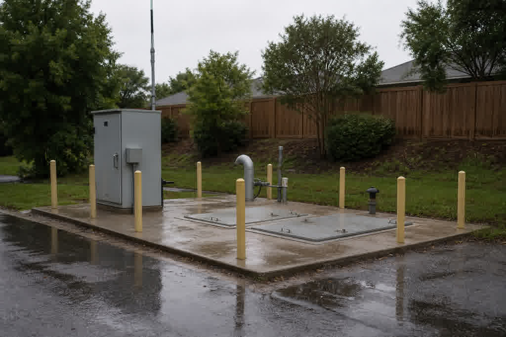 Municipal sanitary-sewer lift station with wet-well hatches and control cabinet