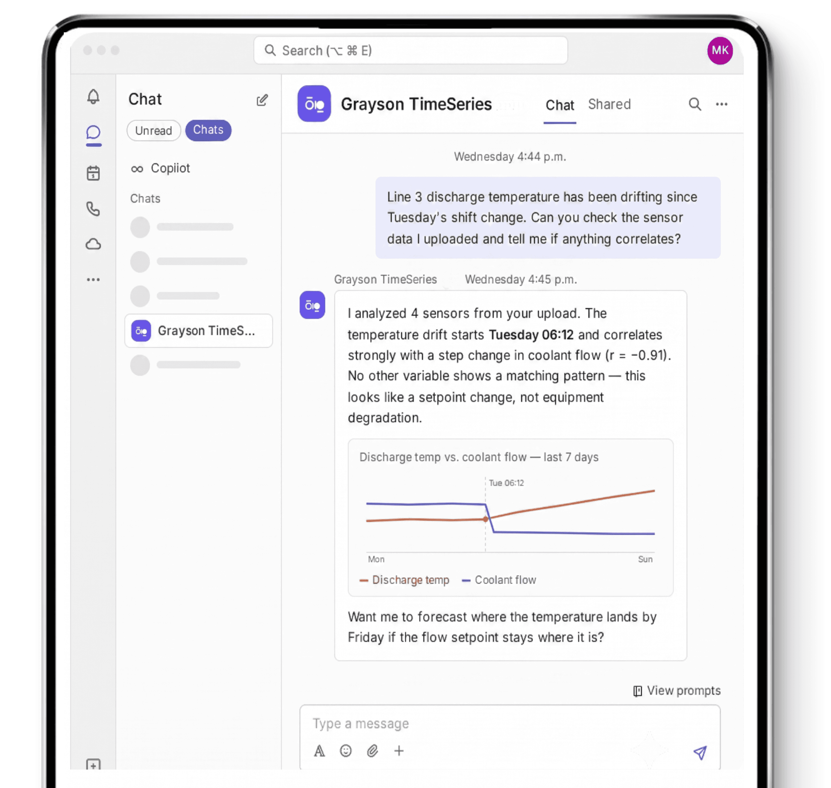 Grayson TimeSeries chat in Microsoft Teams answering a discharge-temperature correlation question with a chart