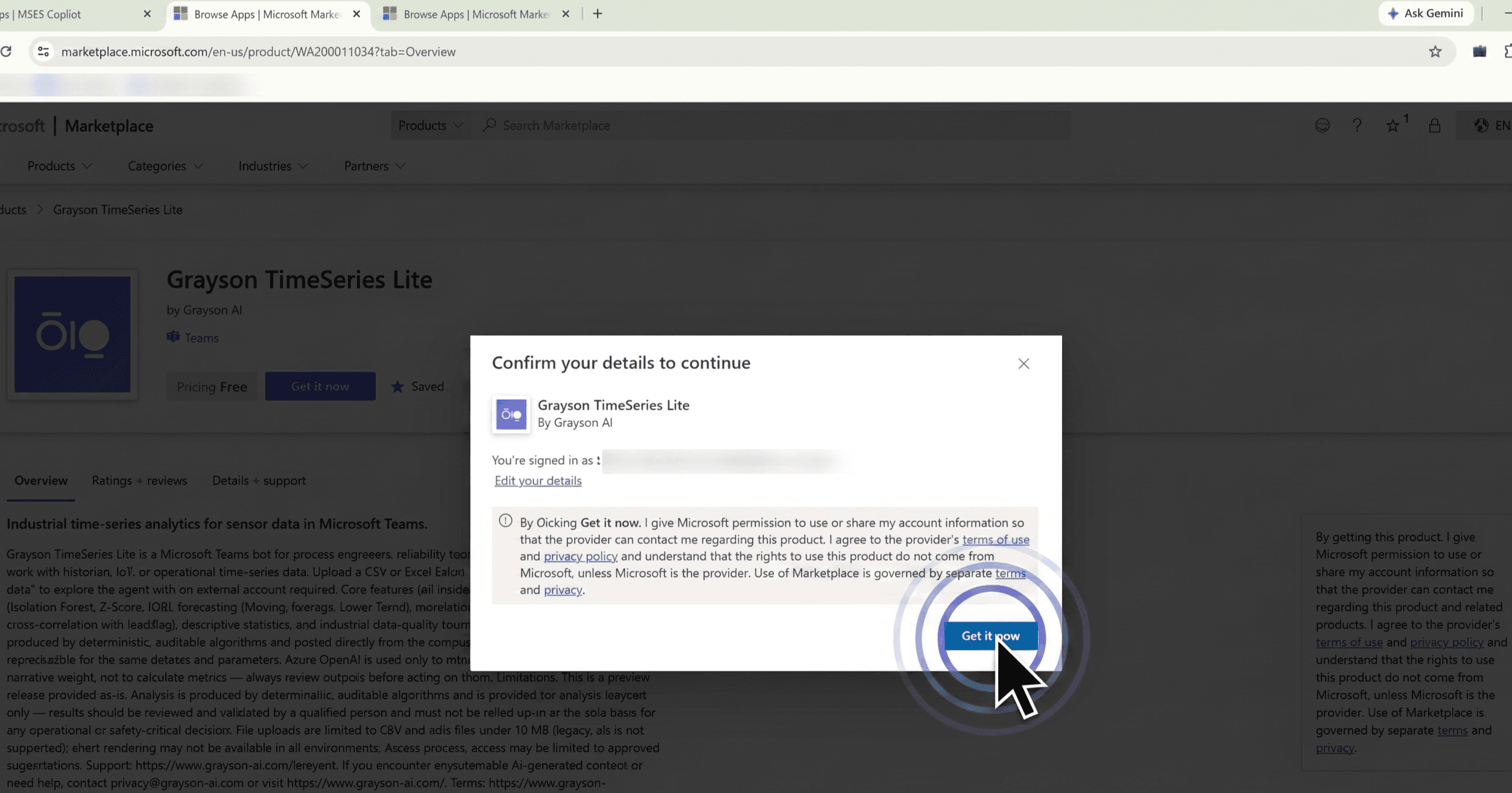 Confirm account details in Marketplace install flow