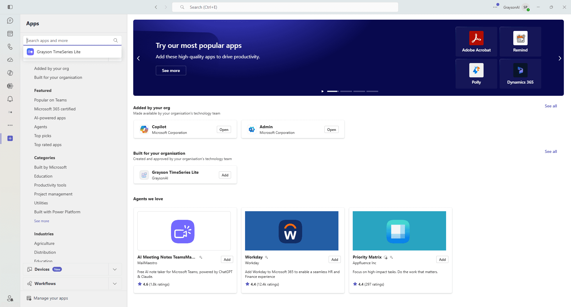 Searching for Grayson TimeSeries Lite in Teams Apps