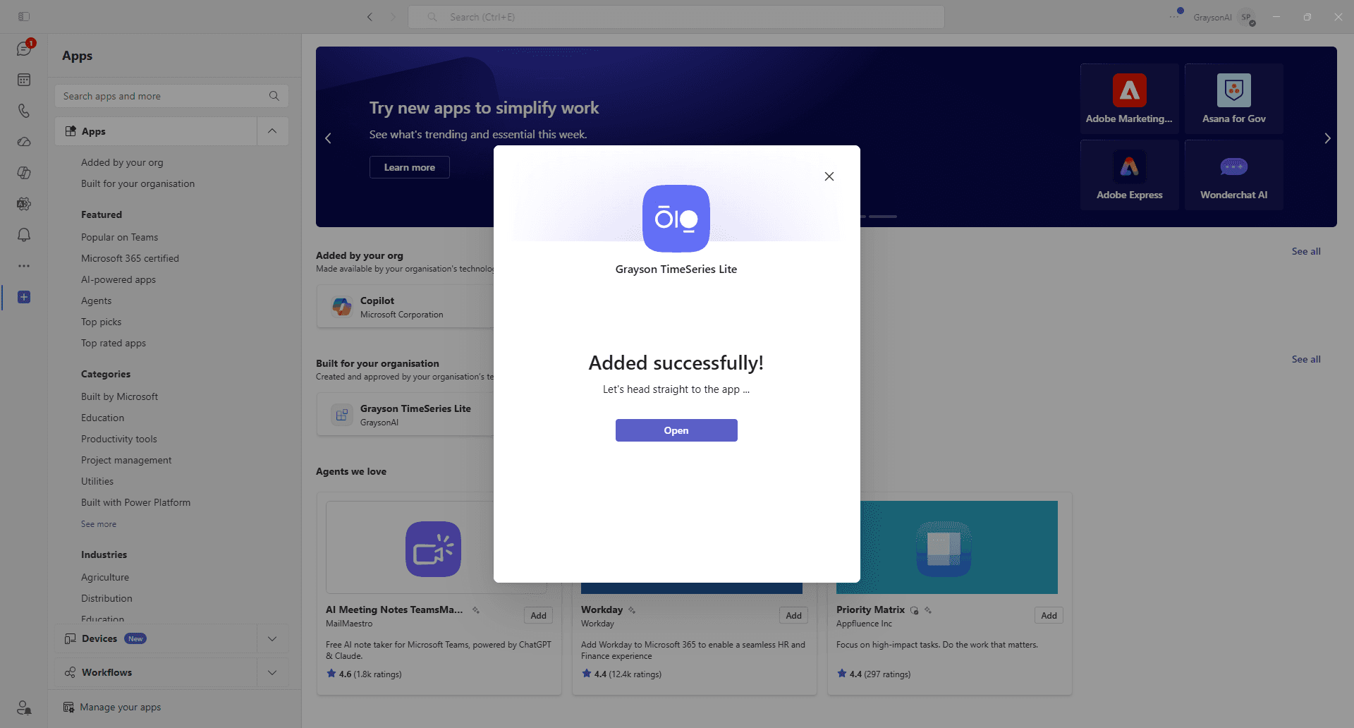Added successfully confirmation in Teams