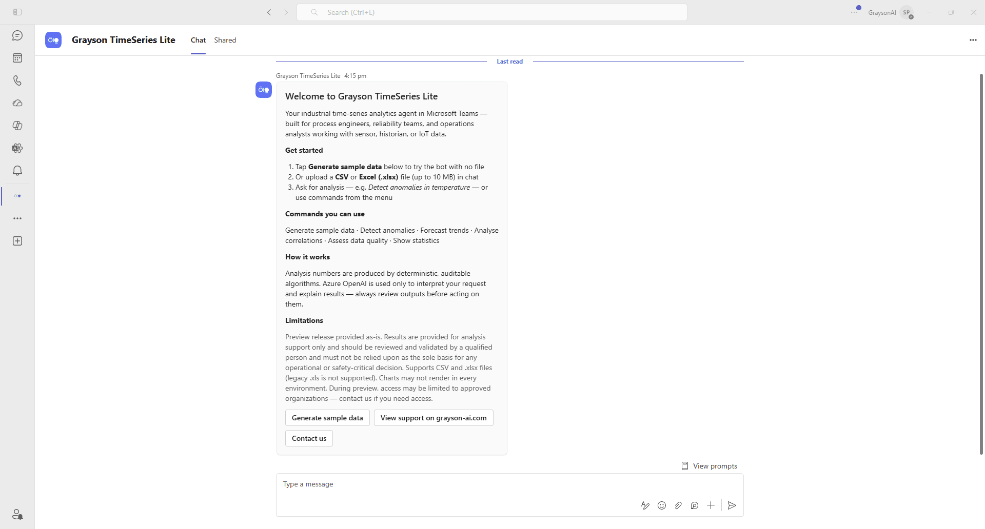 Grayson TimeSeries Lite chat open in Teams