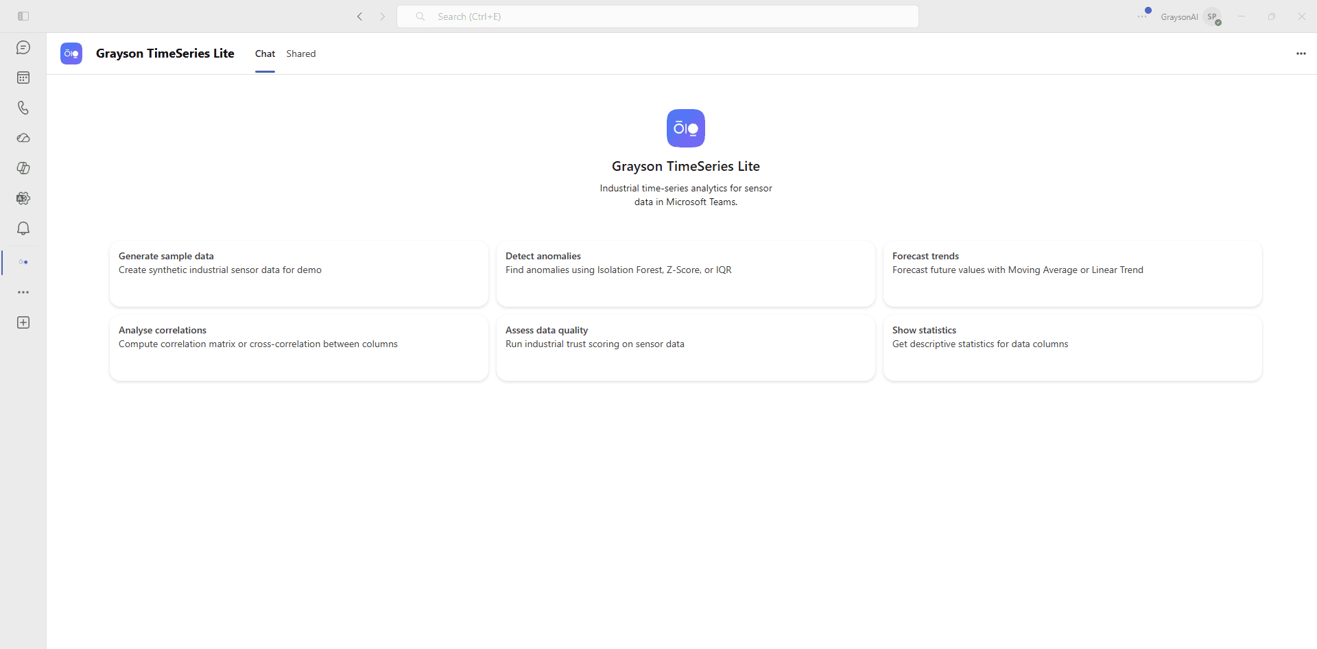 Grayson TimeSeries Lite chat open in Microsoft Teams